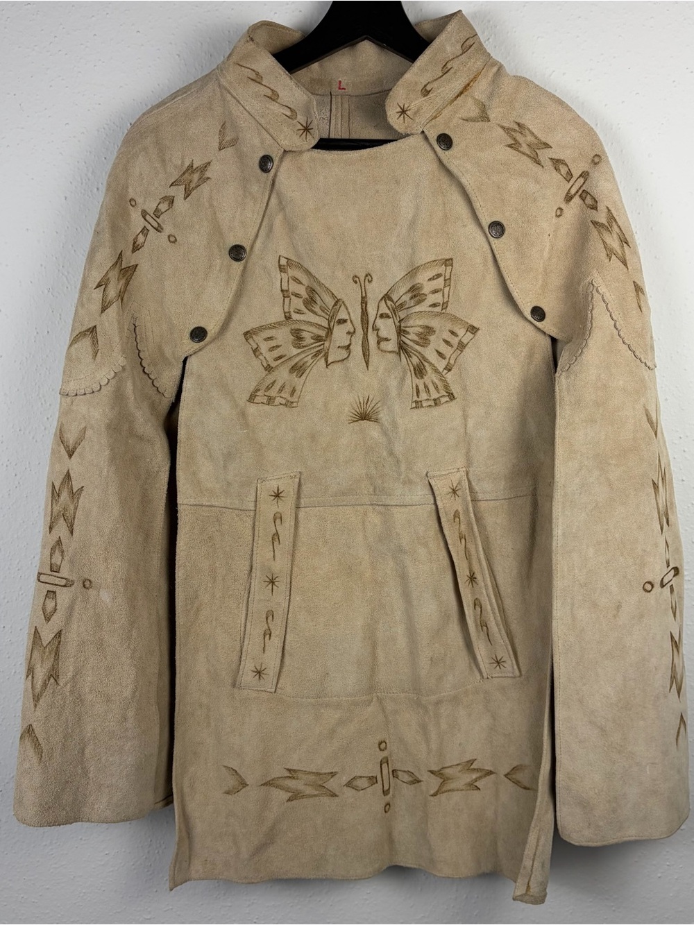 VTG 70s Mexican Suede Leather Butterfly Face Cape Poncho Boho Western - Picture 5 of 13